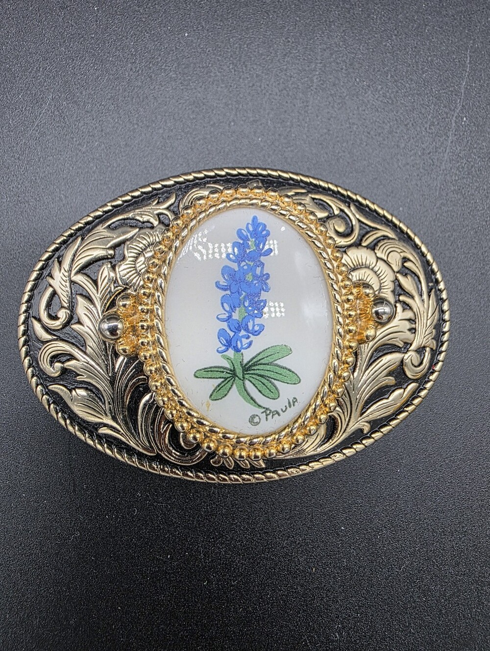 Vintage Gold-Tone Floral Oval Brooch with handpainted Bluebonnet Flower Cameo